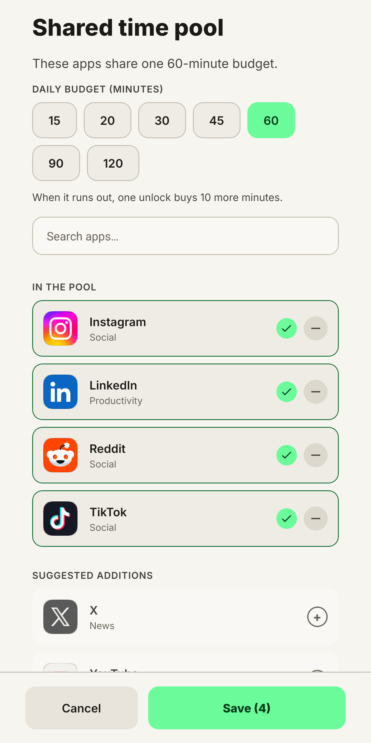 The Last Ferry app picker. Shared time pool: these apps share one 60-minute budget. Budget chips from 15 to 120 minutes with 60 selected, a search field, and the pool — Instagram, LinkedIn, Reddit, TikTok — with suggested additions below.